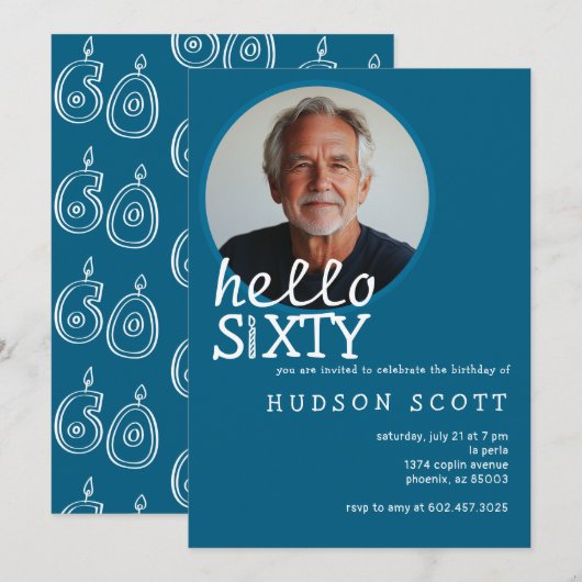 60e verjaardagsfeest foto Sixty Modern Blue Kaart (Voorkant / Achterkant)