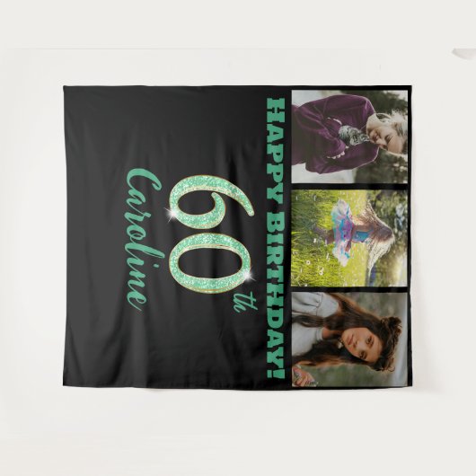60e verjaardagsfeest, groene glitter en 3 foto's wandkleed (Voorkant (horizontaal))