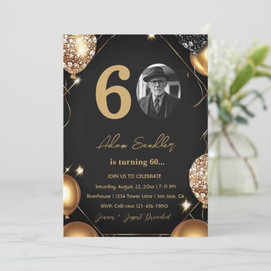 60e verjaardagsfeest met ballonnen en glitter kaart (Staand voorkant)