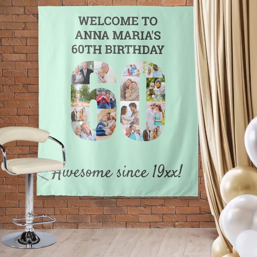 60e Verjaardagsfeest Mint Foto Collage Achtergrond Wandkleed