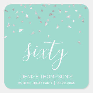 60e Verjaardagsfeest Mintgroene Zilveren Confetti Vierkante Sticker