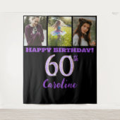 60e verjaardagsfeest, Paarse glitter en 3 foto's Wandkleed (Voorkant)
