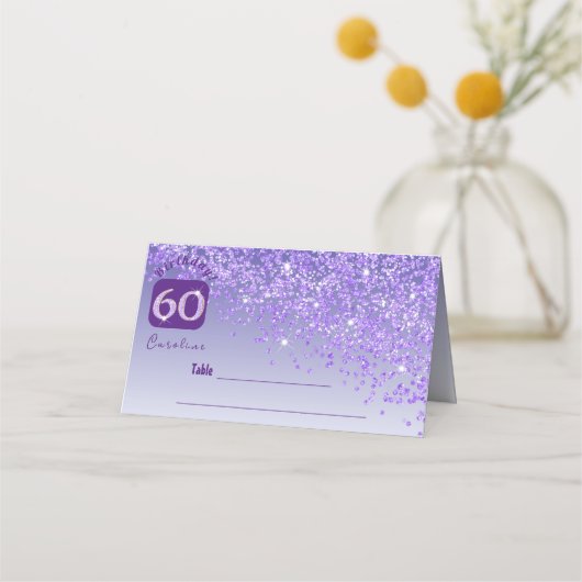60e verjaardagsfeest Paarse Glitter Place Card Plaatskaartje (Voorkant)