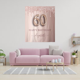 60e verjaardagsfeest roze roos goud glitters wandkleed