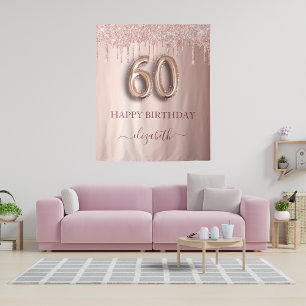 60e verjaardagsfeest roze roos goud glitters wandkleed