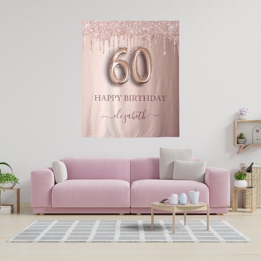 60e verjaardagsfeest roze roos goud glitters wandkleed