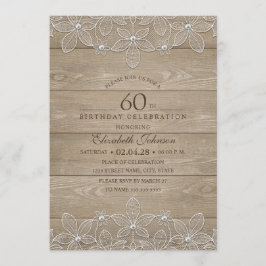 60e verjaardagsfeest Rustic Wood Unique Lace Kaart
