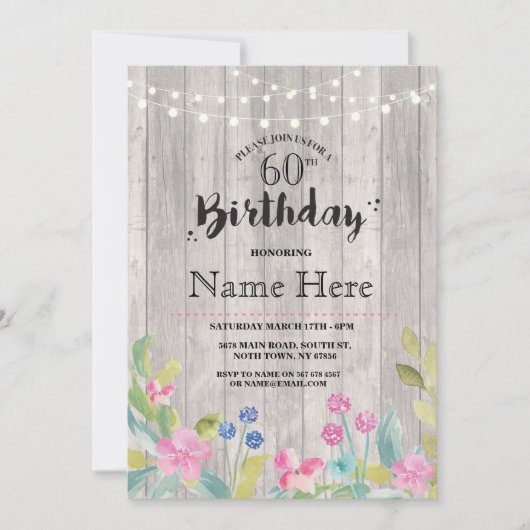 60e verjaardagsfeest rustiek hout bloem 40e uitnod kaart (Voorkant)