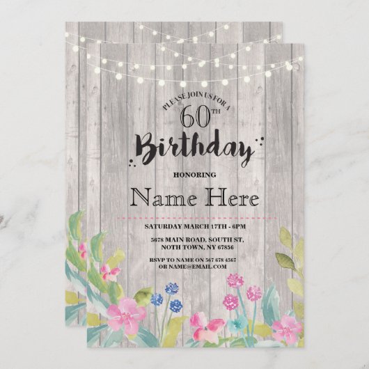 60e verjaardagsfeest rustiek hout bloem 40e uitnod kaart (Voorkant / Achterkant)