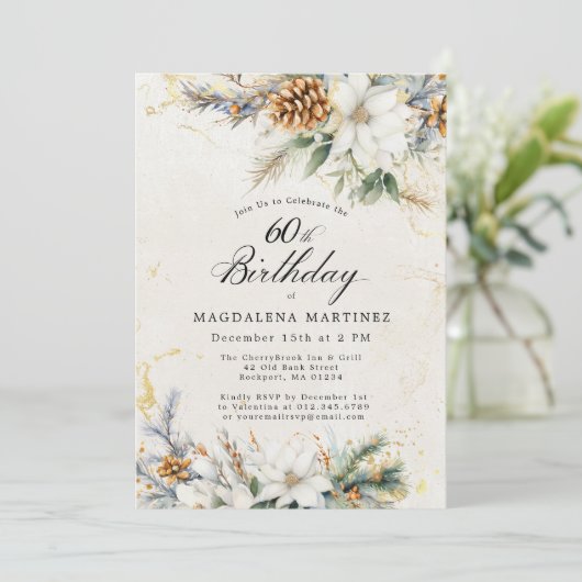 60e Verjaardagsfeest Winter White Floral Greenery Kaart (Staand voorkant)