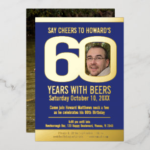 60e verjaardagsfeestje blauw goud folie foto bier uitnodiging