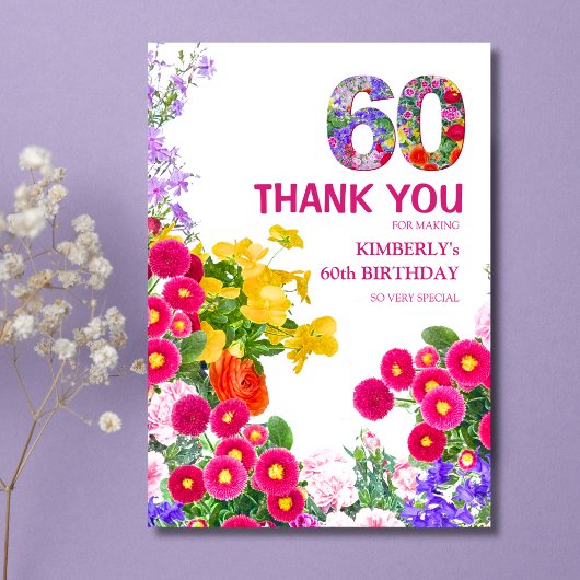 60e verjaardagsfeestje bloemenboeket dank u kaart