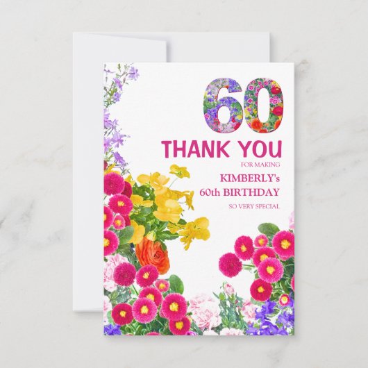 60e verjaardagsfeestje bloemenboeket dank u kaart (Voorkant)