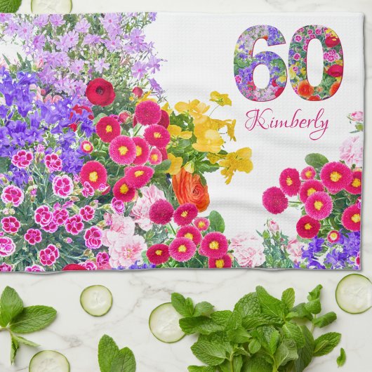 60e verjaardagsfeestje bloemenboeket keukenhanddoe theedoek