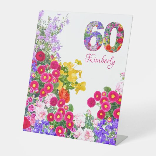 60e verjaardagsfeestje bloemenfeestje teken reclamebord met voetstuk (Voorkant)