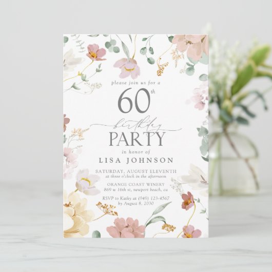 60e verjaardagsfeestje Blush Roze Waterverf Bloeme Kaart (Staand voorkant)