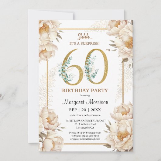 60e verjaardagsfeestje Elegante Witte Pioen Bloeme Kaart (Voorkant)