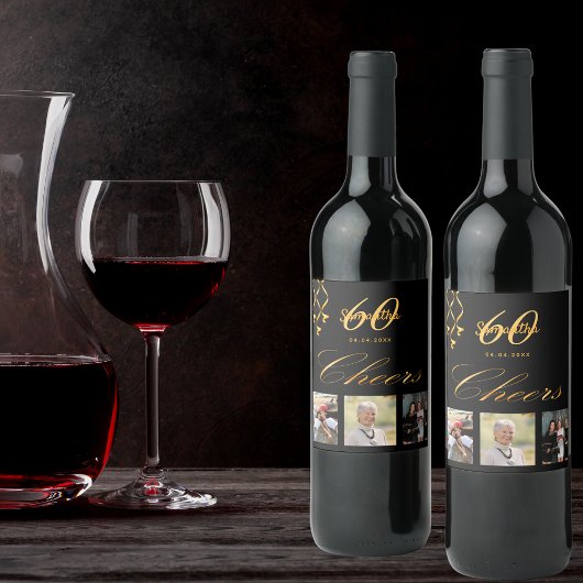 60e verjaardagsfeestje foto zwart gouden bedrieger wijn etiket
