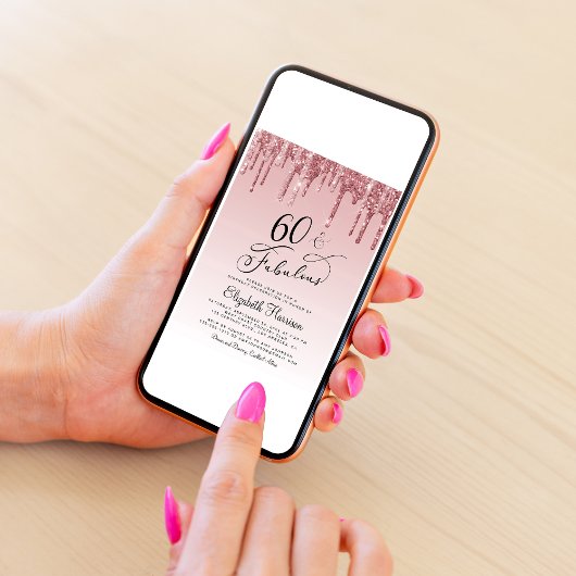60e verjaardagsfeestje Glitter Roos Goud Roze Kaart