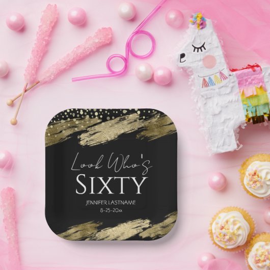 60e verjaardagsfeestje Gold Black Look Who's Papieren Bordje (Feest)