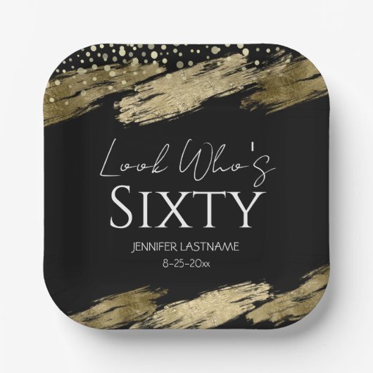 60e verjaardagsfeestje Gold Black Look Who's Papieren Bordje (Voorkant)