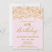 60e Verjaardagsfeestje Goud Roos Bloesem Blauw Roz Kaart (Voorkant)