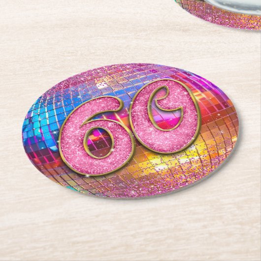 60e verjaardagsfeestje Gouden Roze Glitter Disco B Ronde Kartonnen Onderzetter (Gebogen)