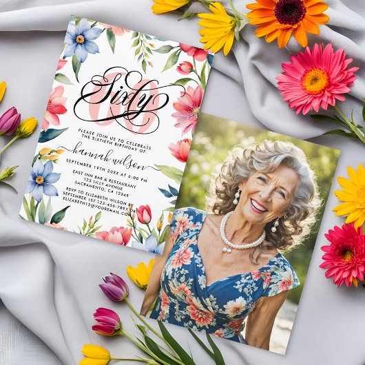 60e Verjaardagsfeestje Waterverf Bloemen Foto Kaart