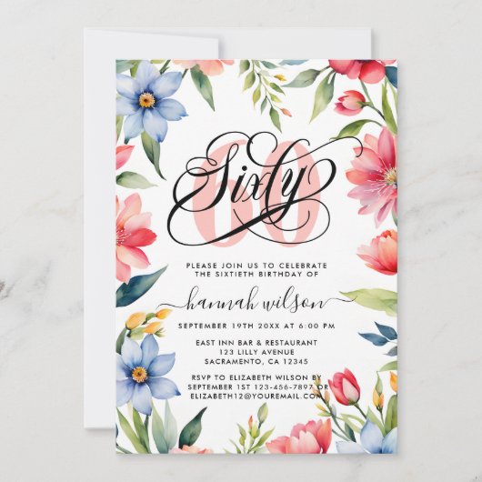 60e Verjaardagsfeestje Waterverf Bloemen Foto Kaart (Voorkant)