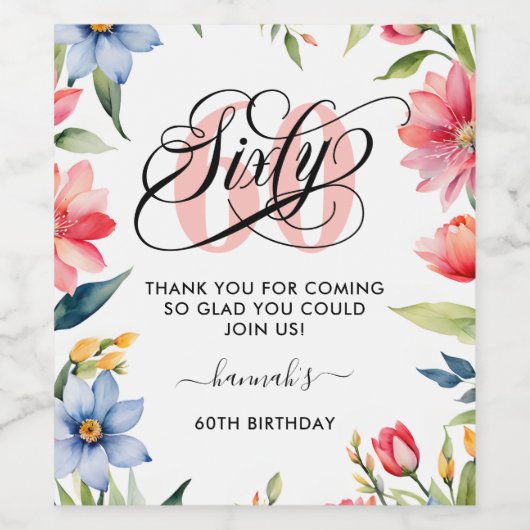 60e verjaardagsfeestje Waterverf Bloemen Wijn Etiket (Enkel label)