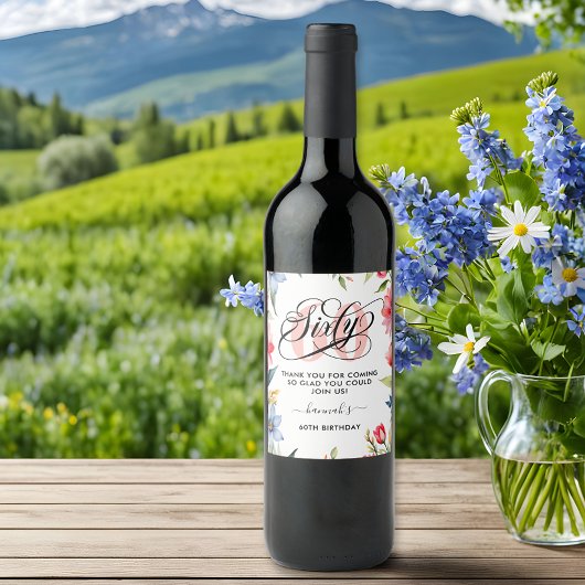 60e verjaardagsfeestje Waterverf Bloemen Wijn Etiket