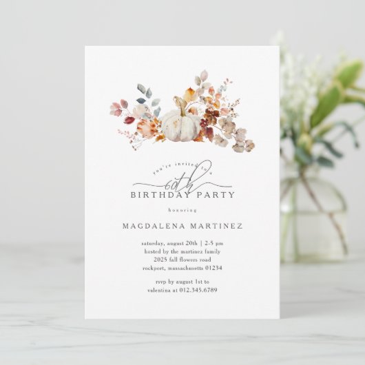 60e verjaardagsfeestje Witte pompoen Herfst Bloeme Kaart (Staand voorkant)