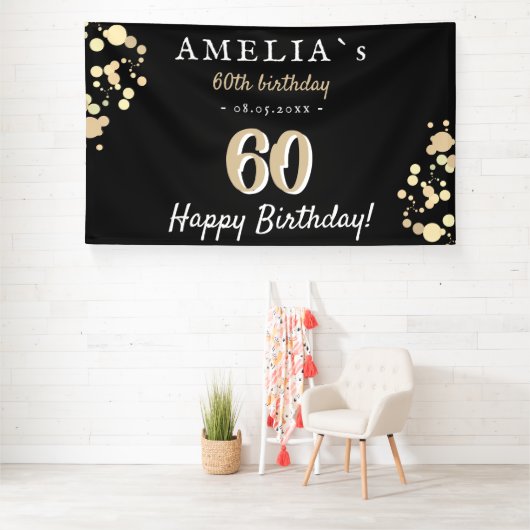 60e verjaardagsfeestje zwart gouden achtergrond spandoek (Insitu)