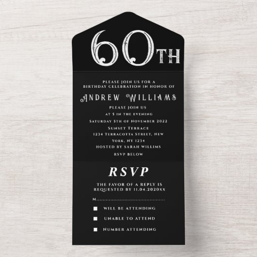 60e verjaardagsfeestje zwart wit eenvoudig modern all in one uitnodiging (Binnen)