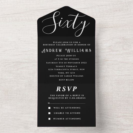 60e verjaardagsfeestje zwart wit eenvoudig modern all in one uitnodiging (Binnen)