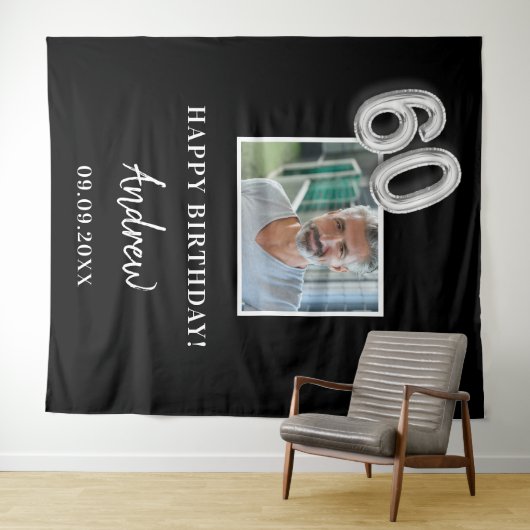 60e verjaardagsfeestje zwarte foto naam man wandkleed (In Situ (horizontaal))