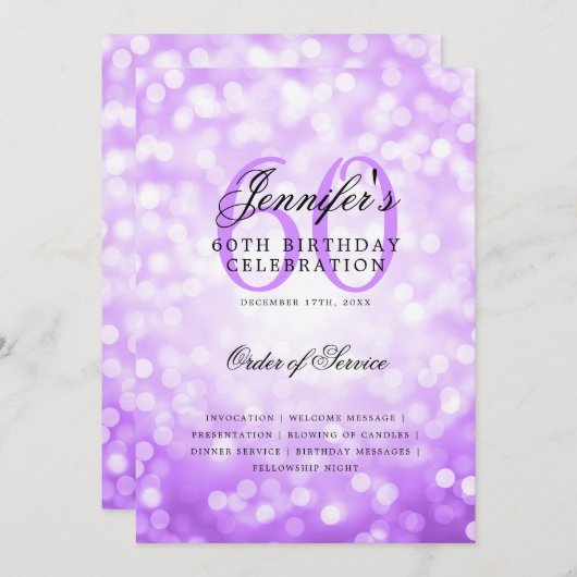 60e Verjaardagsprogramma Paarse Bokeh met Menu Kaart (Voorkant / Achterkant)