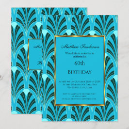 60e verjaardagsuitnodiging Art Deco Groen Blauw Te Kaart