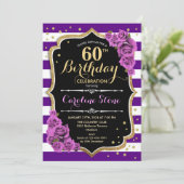 60e Verjaardagsuitnodiging Paarse Goud met Rozen Kaart (Staand voorkant)
