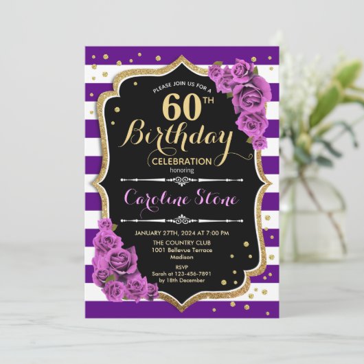 60e Verjaardagsuitnodiging Paarse Goud met Rozen Kaart (Staand voorkant)