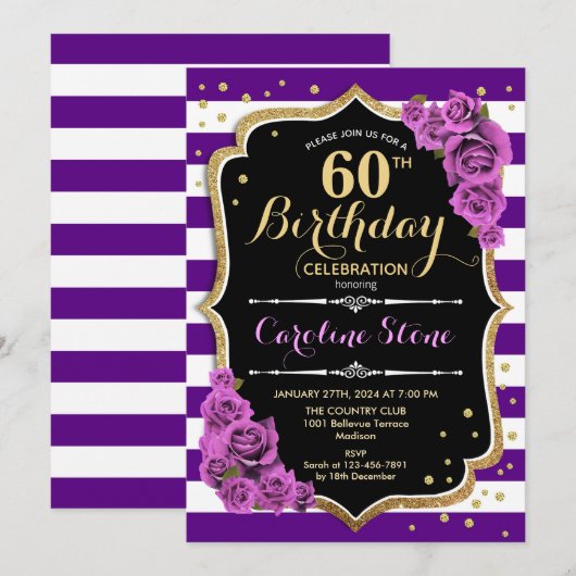 60e Verjaardagsuitnodiging Paarse Goud met Rozen Kaart (Voorkant / Achterkant)