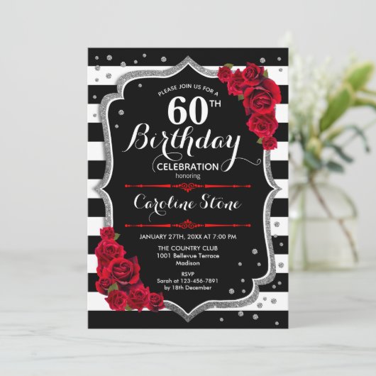 60e Verjaardagsuitnodiging Zwart Wit Strepen Rozen Kaart (Staand voorkant)