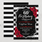 60e Verjaardagsuitnodiging Zwart Wit Strepen Rozen Kaart (Voorkant / Achterkant)