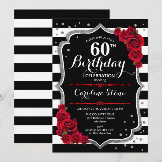 60e Verjaardagsuitnodiging Zwart Wit Strepen Rozen Kaart (Voorkant / Achterkant)
