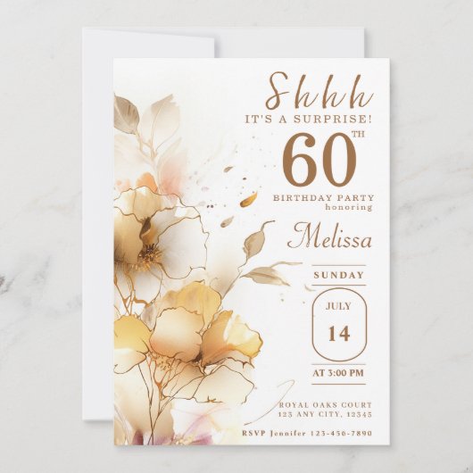 60e Verrassing Gouden Bloemen Waterverf Verjaardag Kaart (Voorkant)