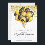 60e verrassingsdag zwarte goudglitter kaart<br><div class="desc">Zwarte en gouden ballonnen en confetti 60ste verjaardagsfeest. Vet zwart en goudstijlontwerp met modern scriptlettertype. Aanpassen voor elke leeftijd. 40,  50,  60,  70,  80,  90 en meer.</div>