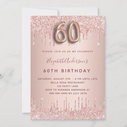 60e zestigste roos gouden brute glitter druppelt l kaart (Voorkant)