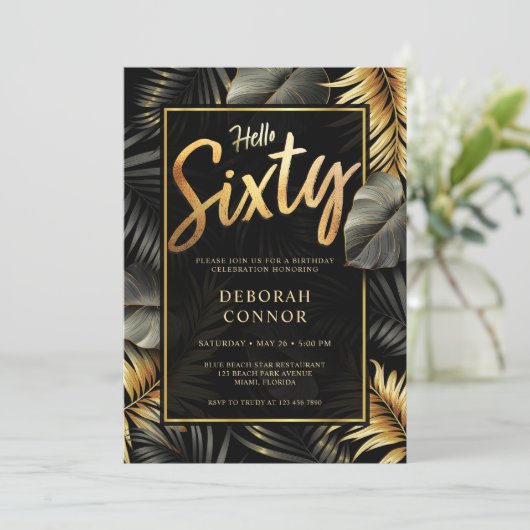 60e zwarte en gouden tropische bladeren Zestig ver Kaart (Staand voorkant)