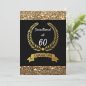 60e zwarte goudglitter Elegant Birthday Party Kaart (Staand voorkant)