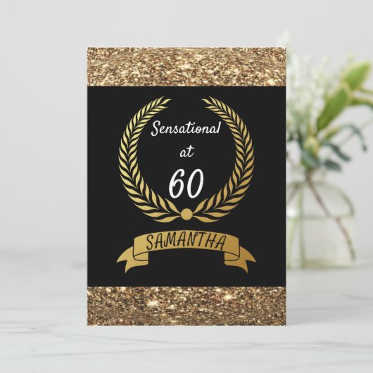 60e zwarte goudglitter Elegant Birthday Party Kaart (Staand voorkant)